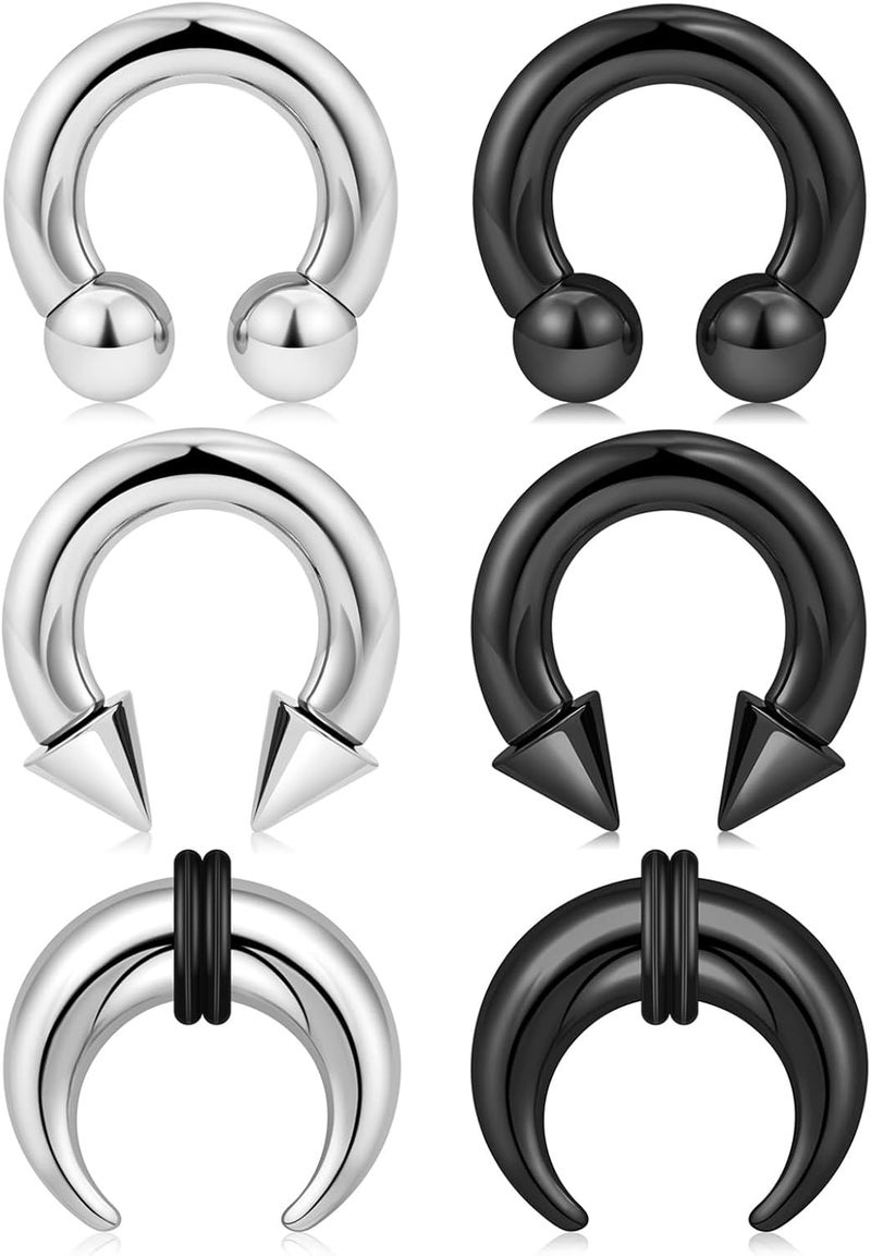 Qmcandy 6-12pcs Septum Pincher Tapers 8G 6G 4G 2G Stretching Kit C Shape Septum Piercing Jewelry Heavy Ear Gauges Earrings Horseshoe Nose Rings for Women Men - Image 1
